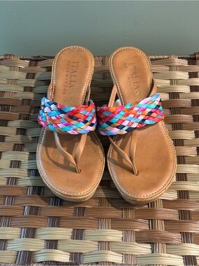 Italian Shoemakers Tan Sandals with Multicolor Braided Straps